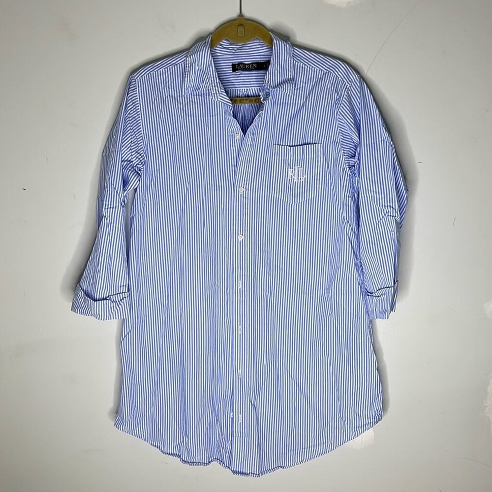 RALPH LAUREN Blue and White Embroidered Striped Long Sleeve Sleep Shirt Small